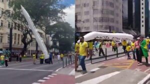 Manifestantes exibem míssil inflável com pedido para Trump bombardear o Brasil em ato pró-Flávio Bolsonaro